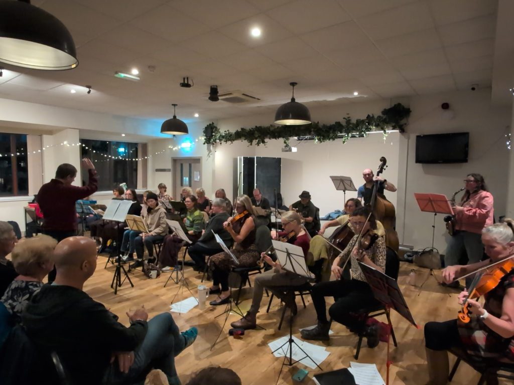 Music ensemble long shot of musicians playing