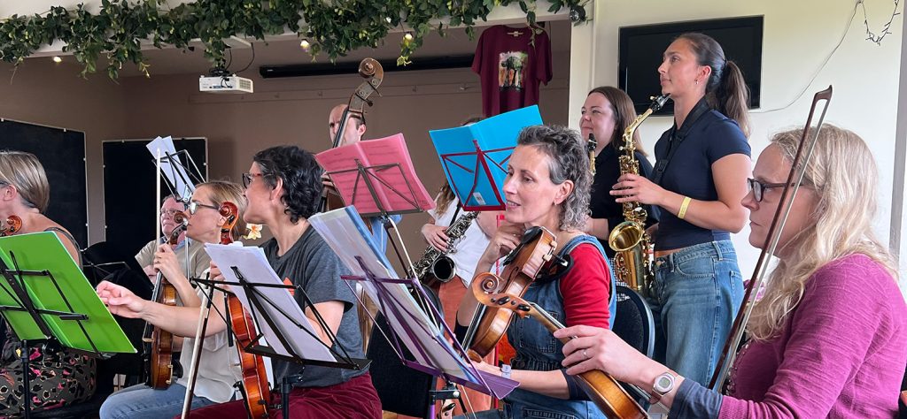 Image of group of musicians with violin players in foreground and saxophone and double bass players in background