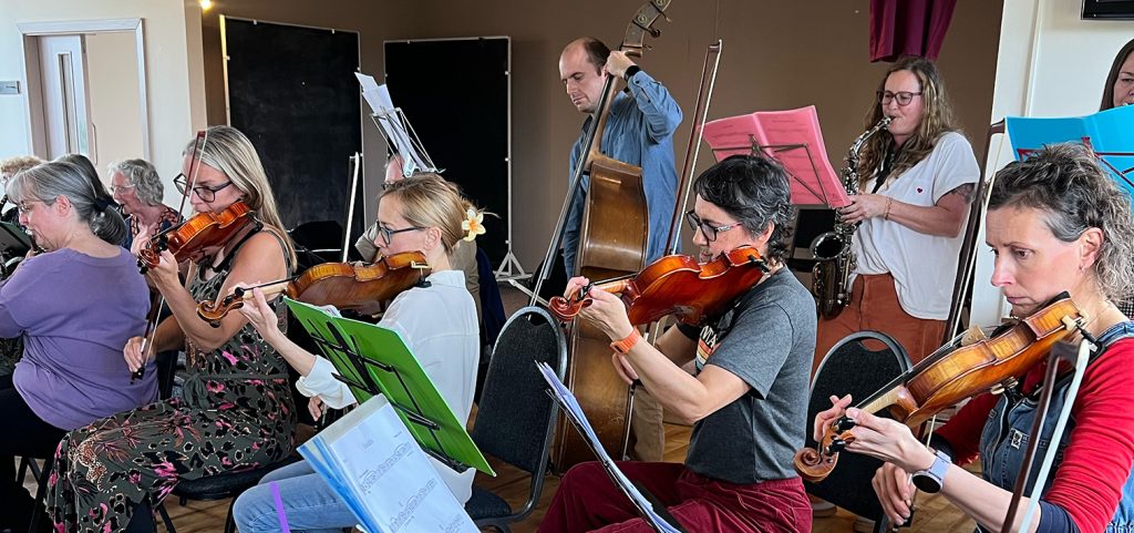Music ensemble playing, with strings in foreground, double bass player in the centre, sax and flute players in background