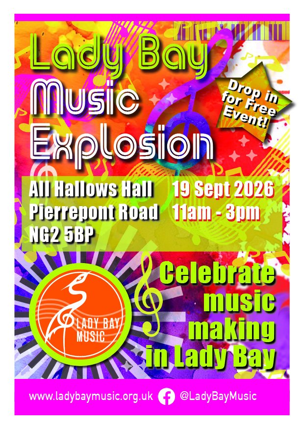 Poster to advertise Lady Bay Music Explosion Day - celebrating music making in Lady Bay 19 September 2026